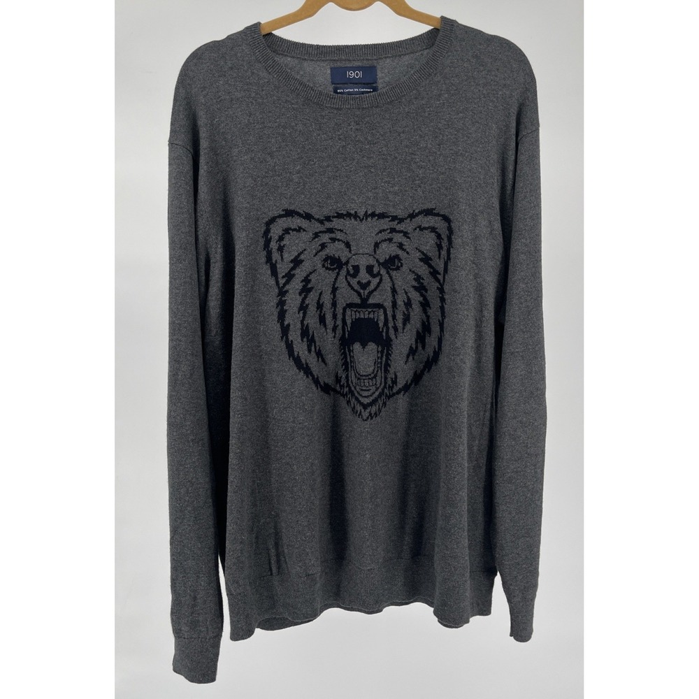 1901 Gray Cotton Cashmere Sweater Bear Graphic Crew Neck Pullover Mens XXL Talk